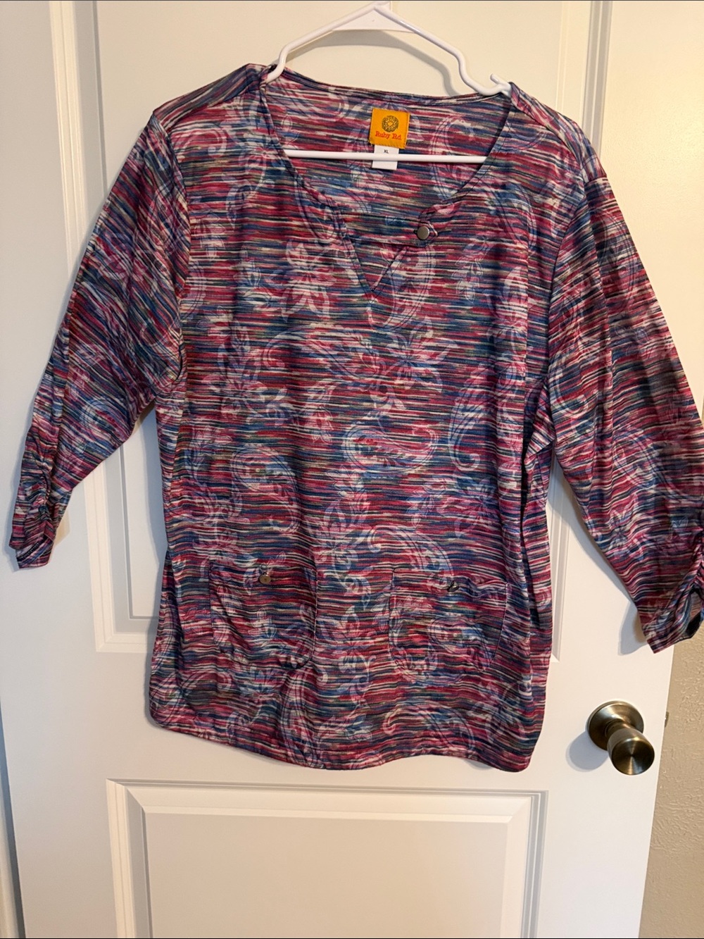 Ruby Rd. Multi-Color Striped Floral Pullover Top in Pink and Blue